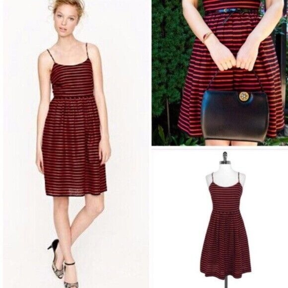 J Crew Dress Red Derby Striped Linen Cocktail Size 2 Linen blend Fit and Flare - Picture 3 of 6